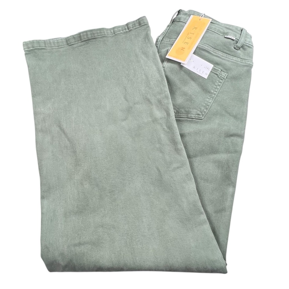 NWT Risen Womens Plus Size 1XL Olive Green Wide Leg Jeans High Waisted